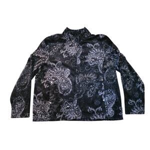 Charter Club Women's Large Paisley Jacket Velour Zip Pockets Black Gray